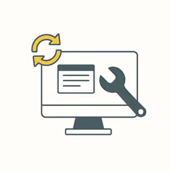 Desktop monitor with a wrench and refresh arrows, representing continuous website support, updates, domain hosting, and troubleshooting to keep your site running flawlessly.