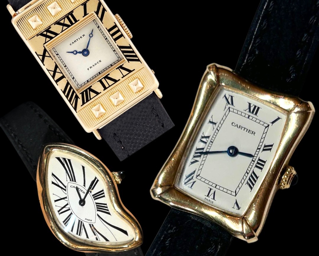 Three Cartier watches on a black background: the Eclipse Guillotine, the Coussin Bamboo, and the Crash