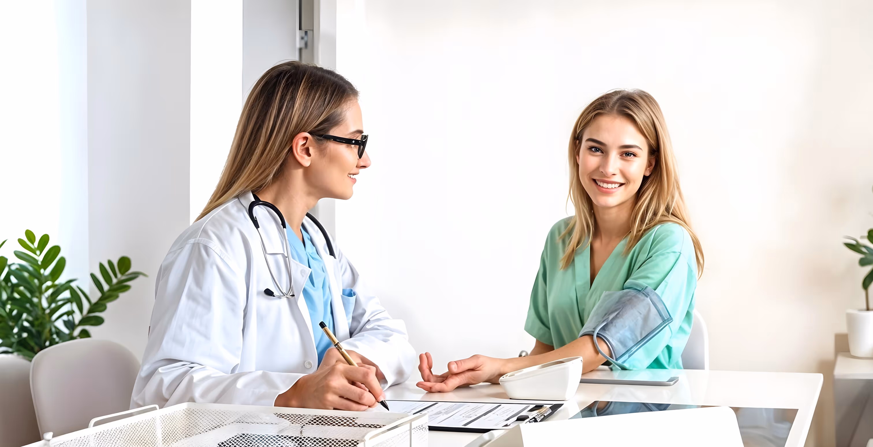 Doctor with stethoscope consulting with patient at desk in medical office
