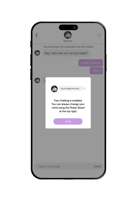 a screen showing free chatting enabled for chyrpe dating app. Women can always change their midn using the power board