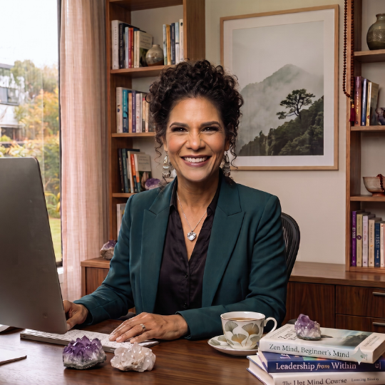 A smiling woman with dark, coily hair styled in an updo sits at a warm wooden desk. She is wearing a teal blazer over a black button-down shirt, a small nose stud, tiered earrings, and a silver heart pendant necklace. Her hands rest on a white computer keyboard next to a large monitor. The desk is decorated with raw amethyst and clear quartz crystals, a teacup featuring a ginkgo leaf design, and a stack of books including Zen Mind, Beginner's Mind and Leadership from Within. Behind her is a wooden bookcase filled with books and decor, and a framed picture of a misty mountain landscape hangs on the wall. A window with a view of outdoor greenery is visible to the left.