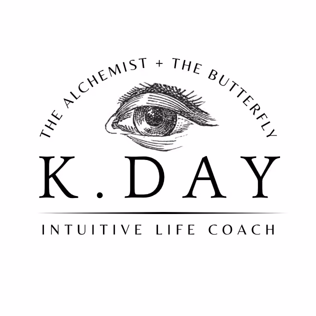 Logo with a detailed eye illustration above text: K. DAY Intuitive Life Coach
