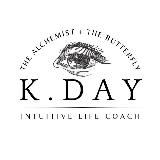 Logo with a detailed eye illustration above text: K. DAY Intuitive Life Coach