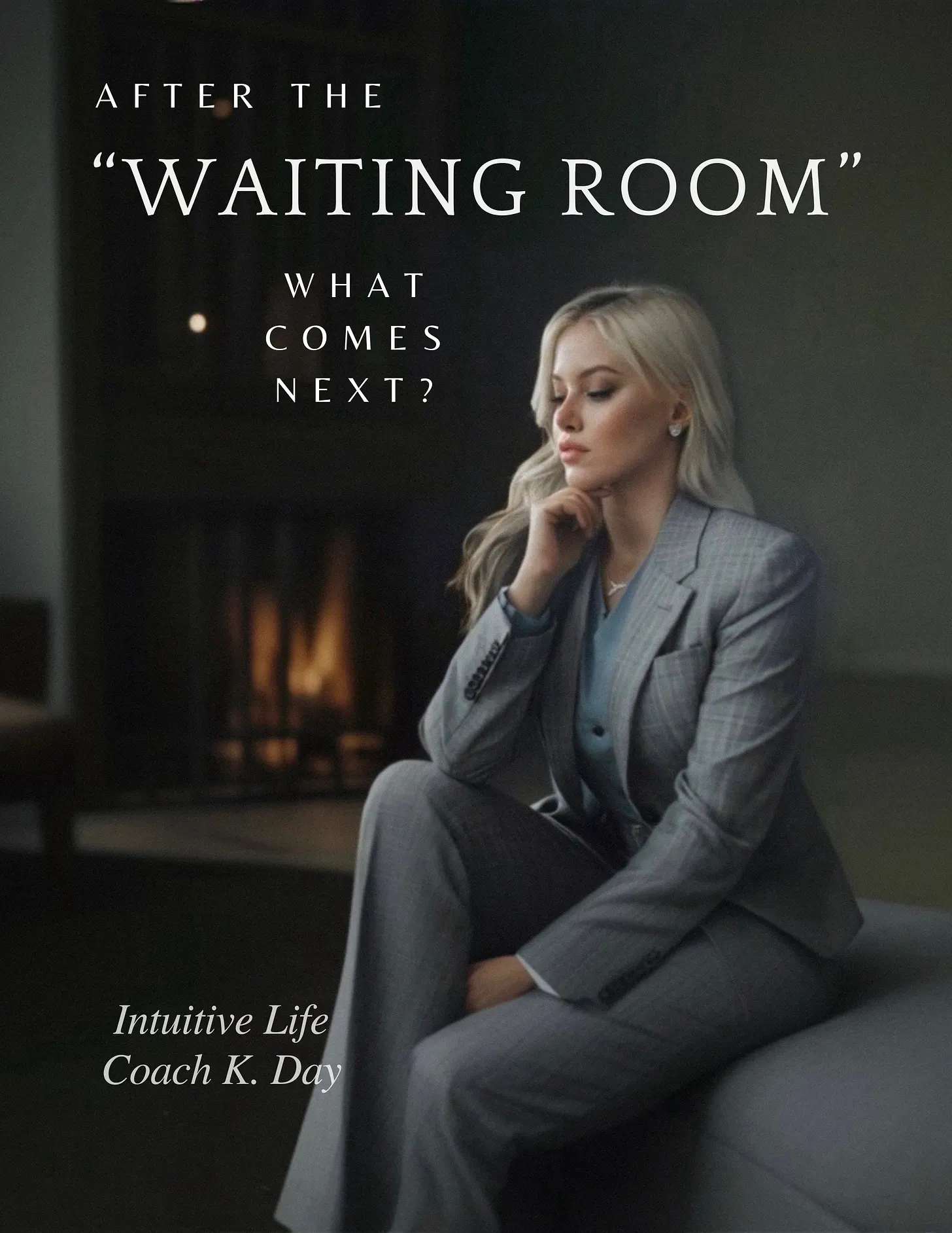 Blonde woman in gray suit sitting pensively by a fireplace with text about the waiting room and life coaching.