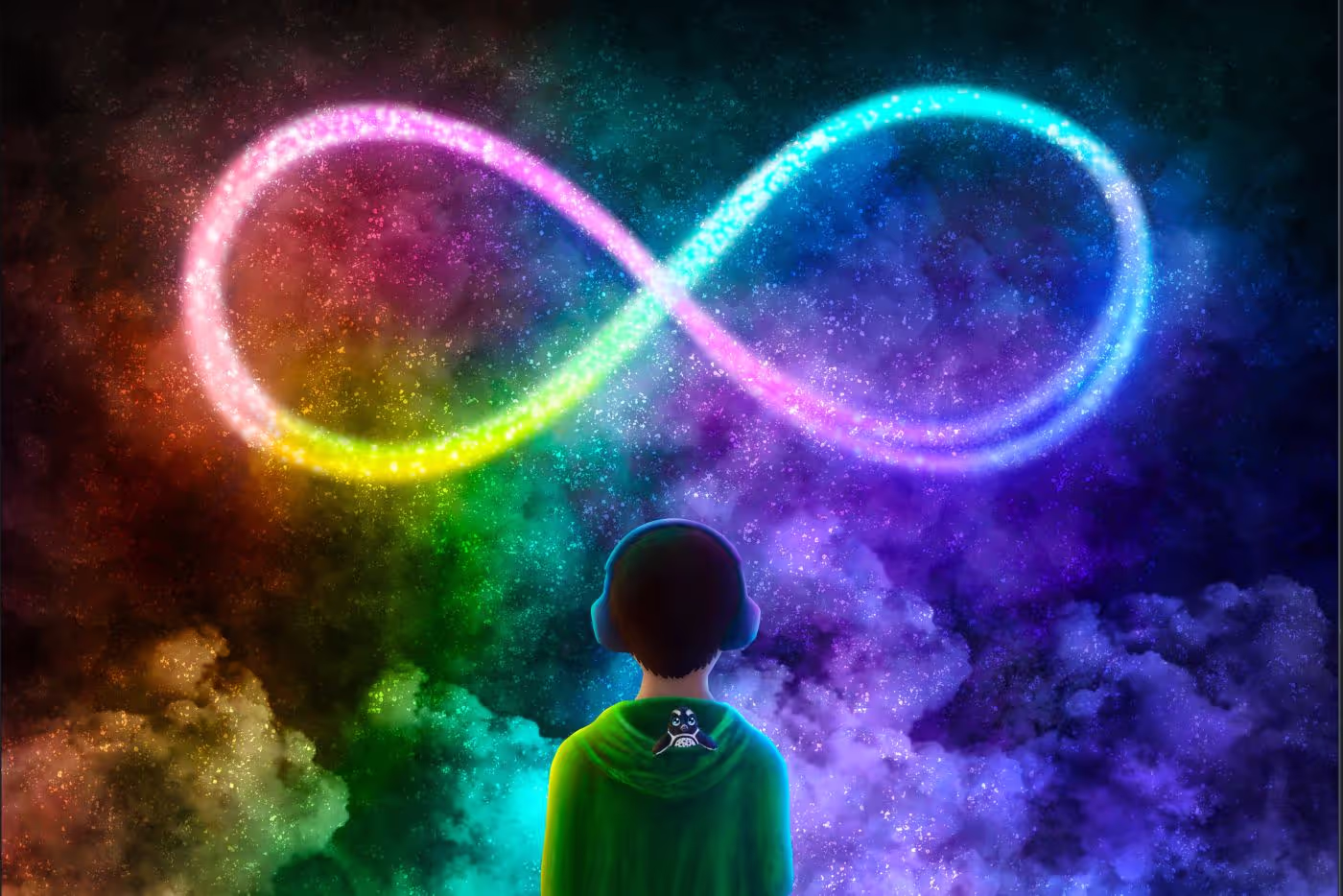 Artwork of a young male presenting person with their back to you. They are looking at a rainbow infinity symbol in clouds. It is a dreamy, colorful, beautiful work of art.