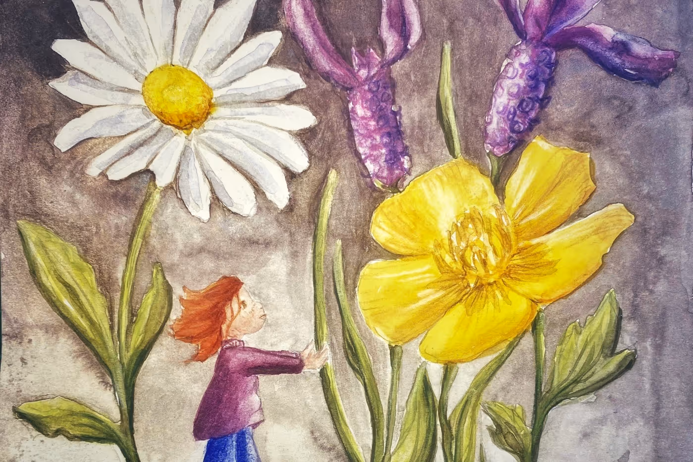 A haunting watercolor illustration of a tiny girl with red hair standing among ominously towering flowers. The oversized daisy, buttercup, and purple flower loom over her in stark contrast to the muted gray background, creating an eerie sense of isolation and vulnerability.
