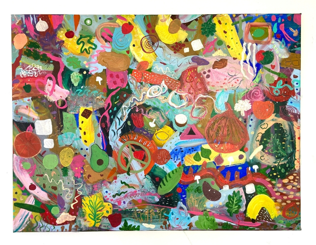 A vibrant, abstract painting filled with overlapping fruits, vegetables, and plant-like forms. The canvas is crowded with bright colors, including reds, greens, yellows, and blues, representing a joyful, plant-centered world.