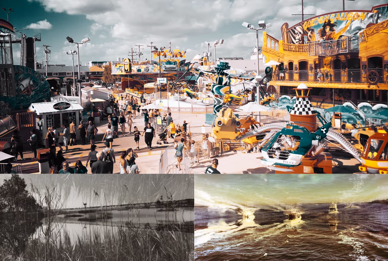 Collage of three photos. The one on top is of a water amusement park. Bottom left is a marsh with a black and white filter. The bottom right is of three boats on the sea. They both are filtered. The amusement park has no filter.