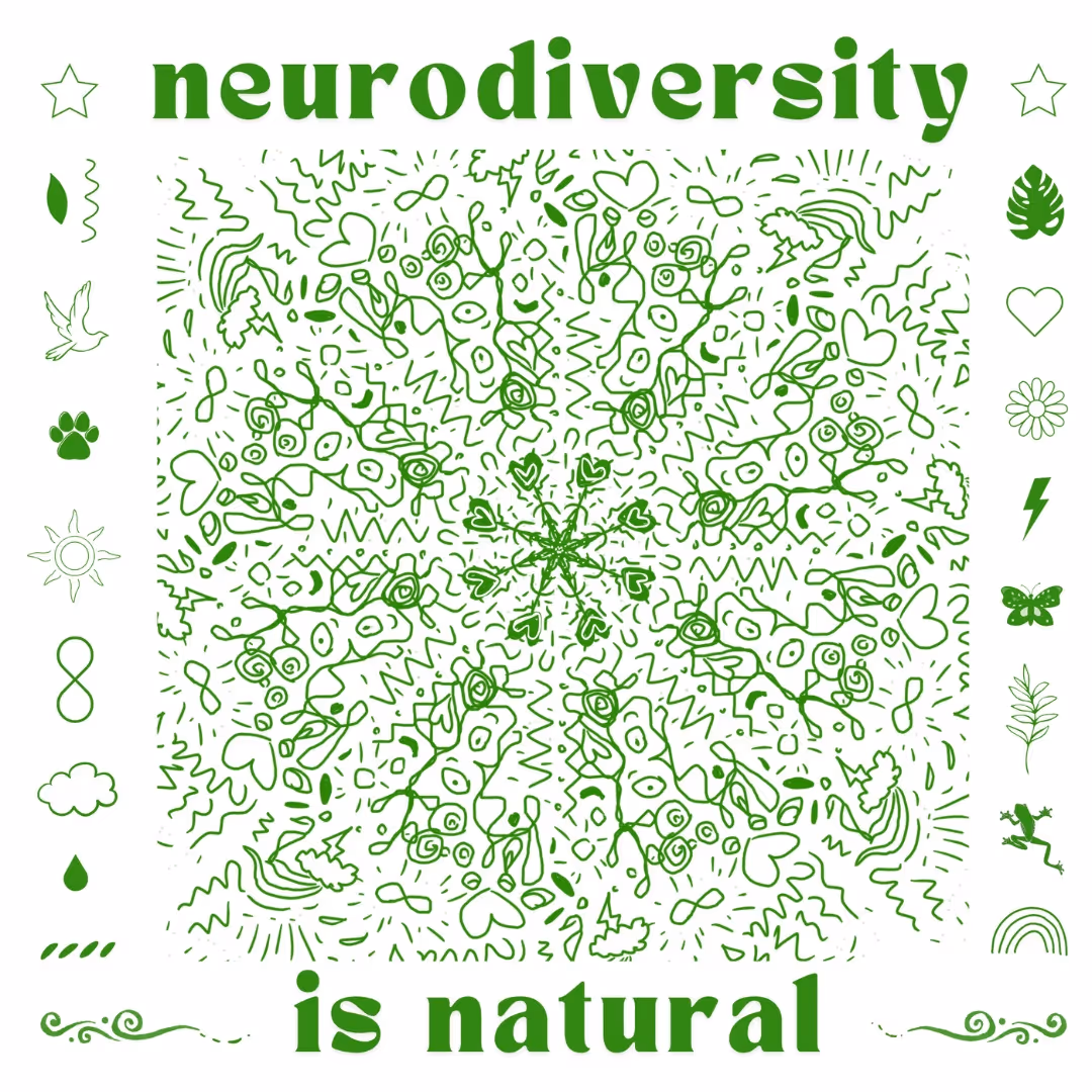 Green mandala-style design featuring the phrase “neurodiversity is natural,” surrounded by nature icons like leaves, stars, lightning bolts, and clouds.