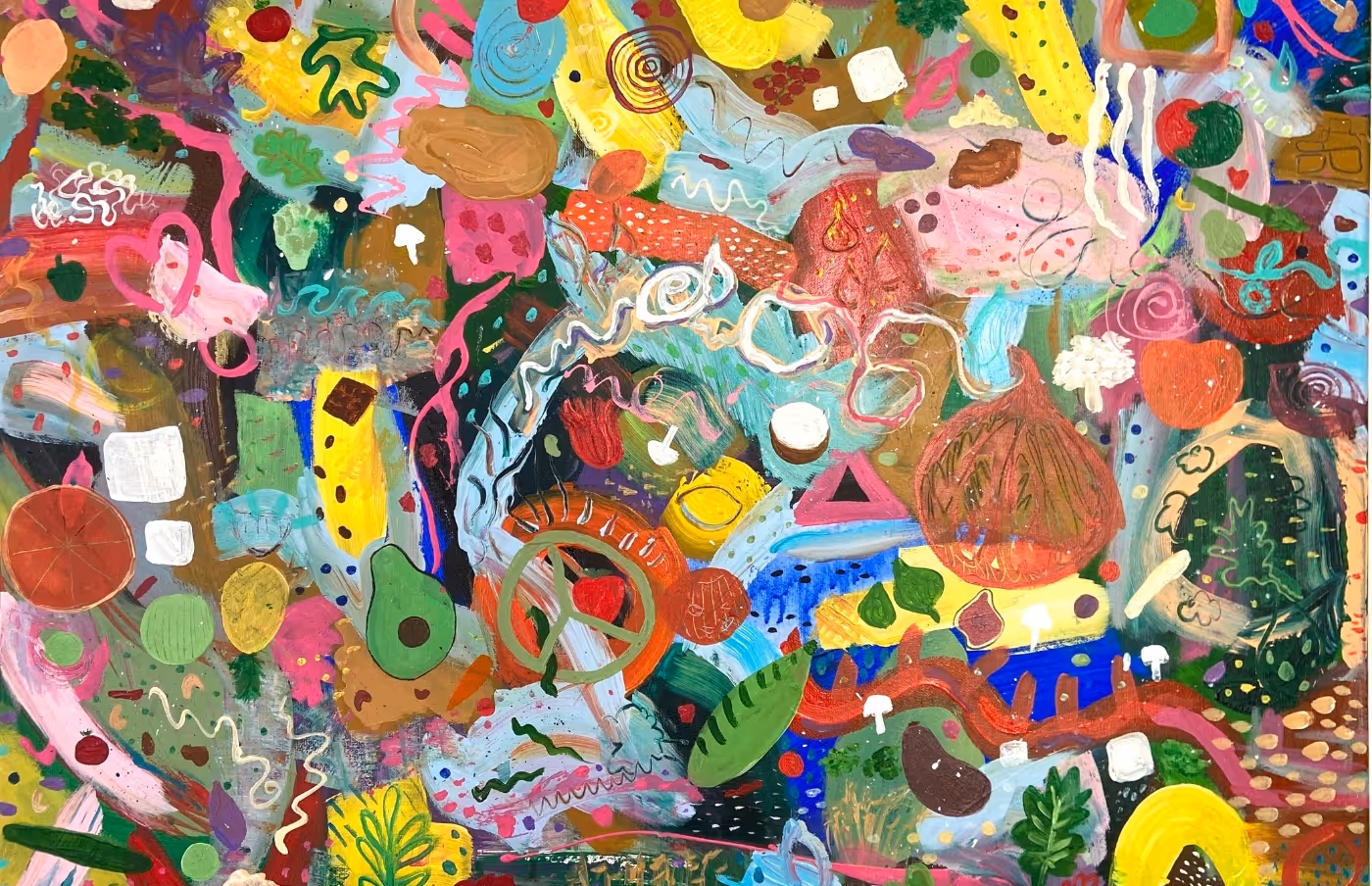 A vibrant, abstract painting filled with overlapping fruits, vegetables, and plant-like forms. The canvas is crowded with bright colors, including reds, greens, yellows, and blues, representing a joyful, plant-centered world.