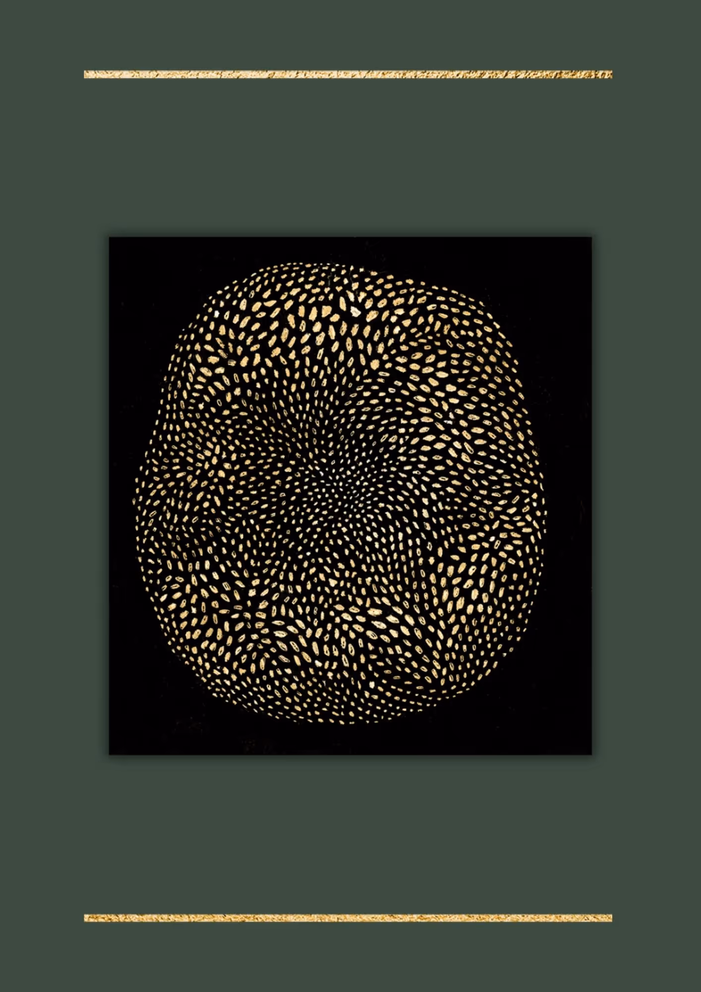 Photo of an artwork by Matalonga. It has a black background, is spherical and made up of small dots and circles. It is made of the colors yellow and white.