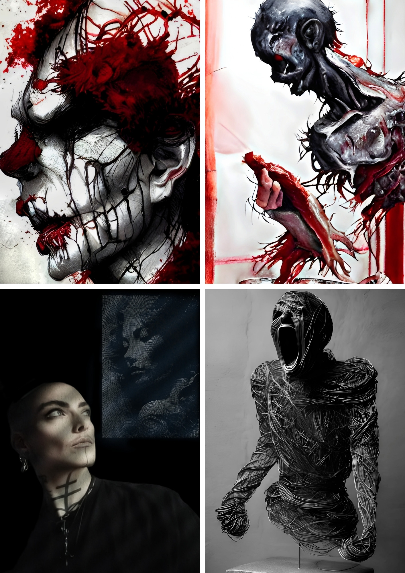 Picture bottom left is a portrait of Red Siri0. The three remaining pictures are art pieces by Red Siri0.