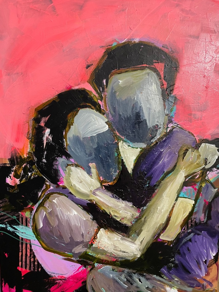 An abstract expressionist painting by Lavanya Challa titled Siblings. The artwork features two faceless figures locked in a tight embrace, rendered in deep purples, muted grays, and earthy tones against a vivid pink background. The bold, gestural brushstrokes evoke a sense of intimacy, connection, and unspoken understanding between the subjects, reflecting the complexity and depth of sibling relationships.