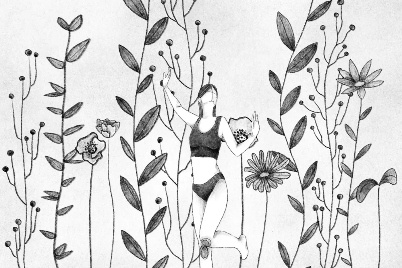 Illustrated artwork of a female that presents feminine standing among flowers and vegetation.