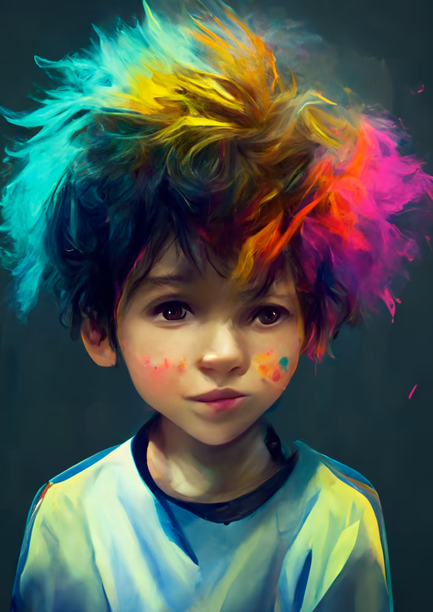 Colorful artwork of a young white boy. He is wearing a tshirt, his eyes are brown and one is slightly smaller and lower than the other. His hair is a myriad of colors including yellow, pink, blue, and blue-green. His face has drops of paint on his cheeks. No text.
