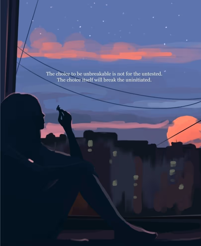 Digital art of a woman sitting on window ledge looking out at a cityscape, she is holding something between her fingers. It is the twilight time of the evening. There are electric lines cross crossing across the sky. The name of this poem is Squalor. In white font the text reads, The choice to be unbreakable is not for the untested. The choice itself will break the uninitiated. 