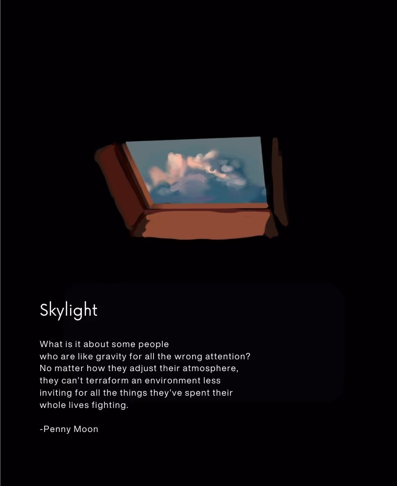 Digital art of the inside of a dark room, there is a skylight above. Clouds can be seen. Text reads: Title, Skylight, What is it about some people  who are like gravity for all the wrong attention?  No matter how they adjust their atmosphere, they can't terraform an environment less inviting for all the things they've spent their whole lives fighting.  -Penny Moon