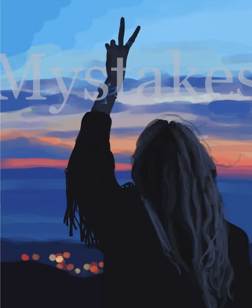 Digital art of a blonde woman with long hair. Her back is turned away, she is holding up a peace sign with her left hand in the shape of a V. Text overlay on the art says, Mystakes. This is not a typo.