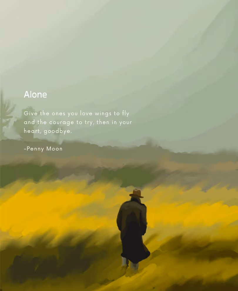 Digital art of a lone man wearing a brown trenchcoat and brown hat walking across a field. There is not much sunlight and looks like a heavily overcast day. Text reads Title, Alone. Give the ones you love wings to fly and the courage to try, then in your heart, goodbye.  -Penny Moon