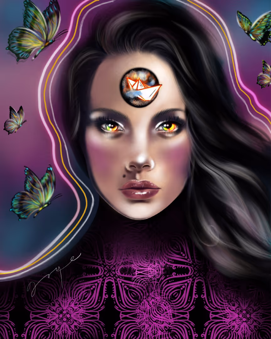 Surreal artwork of a woman with long black hair. She is looking straight ahead, the background is purple and there are butterflies flying around her. There is a paper boat exiting a circle from the middle of her forehead.