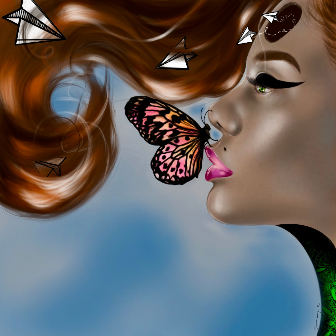 Photo of surreal art. It is a woman with a butterfly on her top lip, and paper planes exiting from her forehead.
