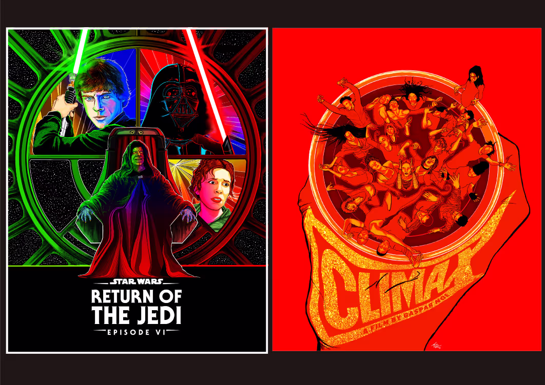 Illustration of two scenes, the one on the left is Luke, Darth Vader, and Emperor Palpatine from Return of the Jedi. On the right is a poster for the movie, Climax.