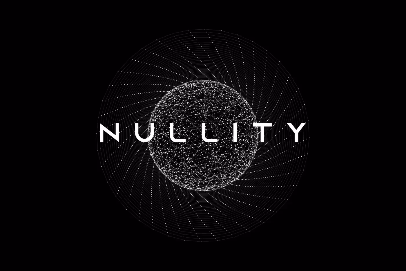 Nullity's logo. A back background with Nullity written in white font against a white spherical artwork of lines.