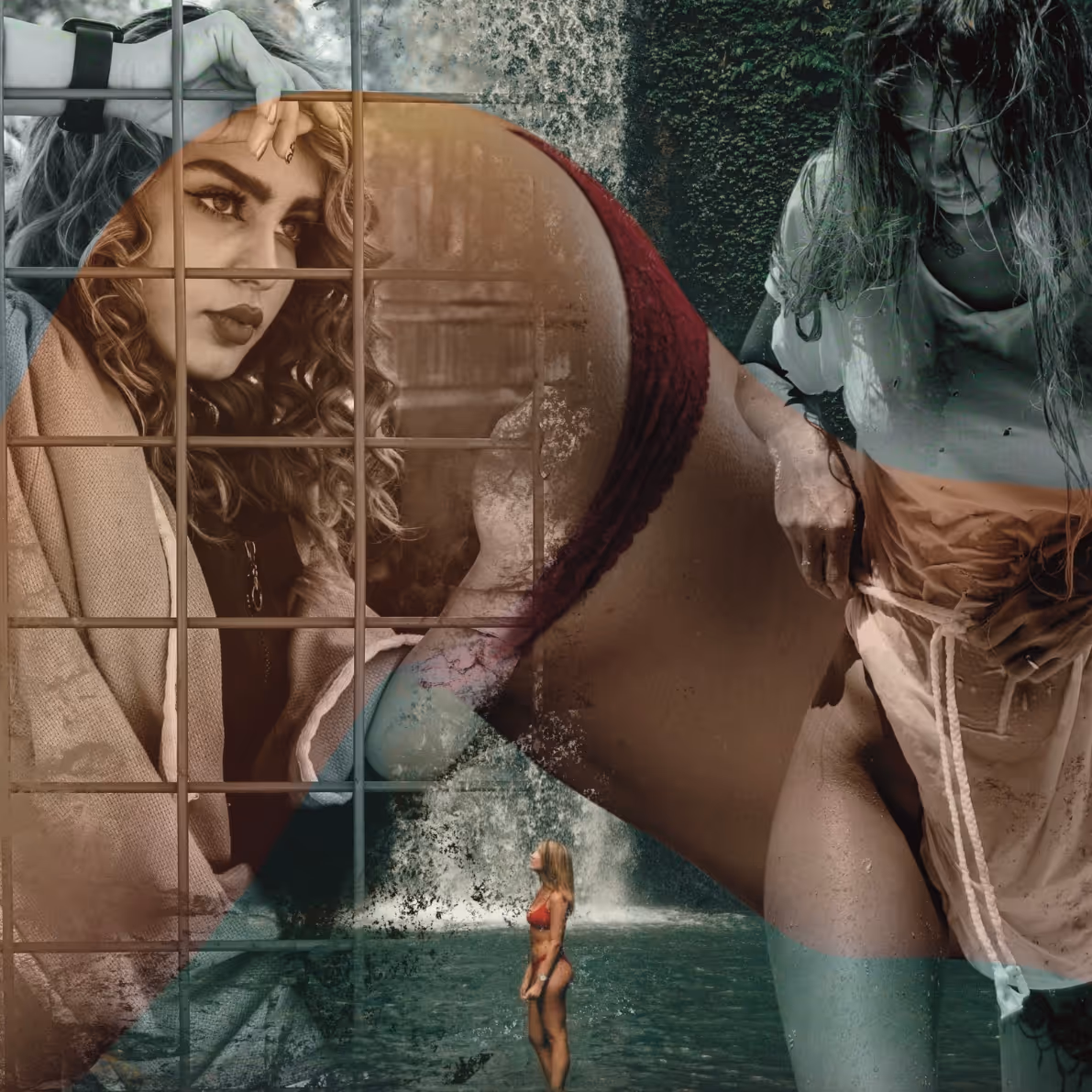Collage by Rooarty. A collage of four women: a sepia and black and white portrait of a white attractive young woman looking in the distance. She has curly blonde hair and thick dark eyebrows. She is wearing black eyeliner and lipstick. She is leaning against a fence. At the bottom center, a woman in a red swimming suit is standing surrounded by water. She is looking up. The third one is in somewhat of a cat-cow yoga position wearing red Brazilian panties. We only see her from thighs to soulders. The last woman is wearing a wet dress. She is looking down. The background fades from trees to waterfalls to green plants.