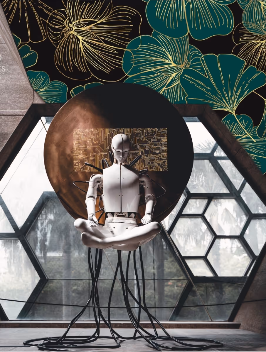 Collage by Rooarty. At the center, an hexagonal window on a concrete wall, partly naked, partly covered in a floral patterned paper, green and black are dominant colors, the flowers are outlines are in gold. A white humanoid robot levitating in a meditation position, thick black cables falling down the  floor. Behind it, suspended in the air, a big circle of copper with a rectangle of golden circuits.