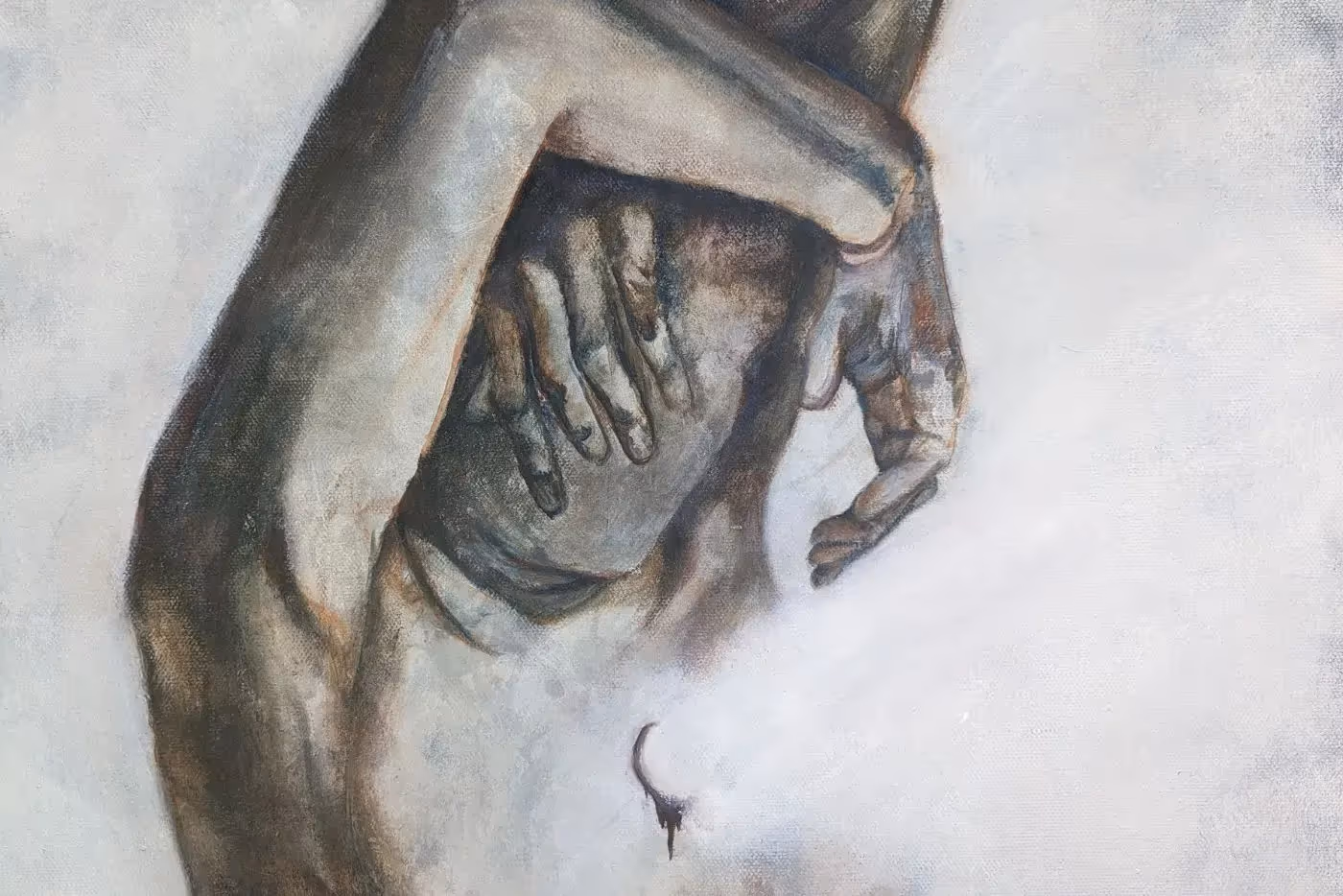 Artwork of a person in emotional pain. There is a light beaming from where their heart is.