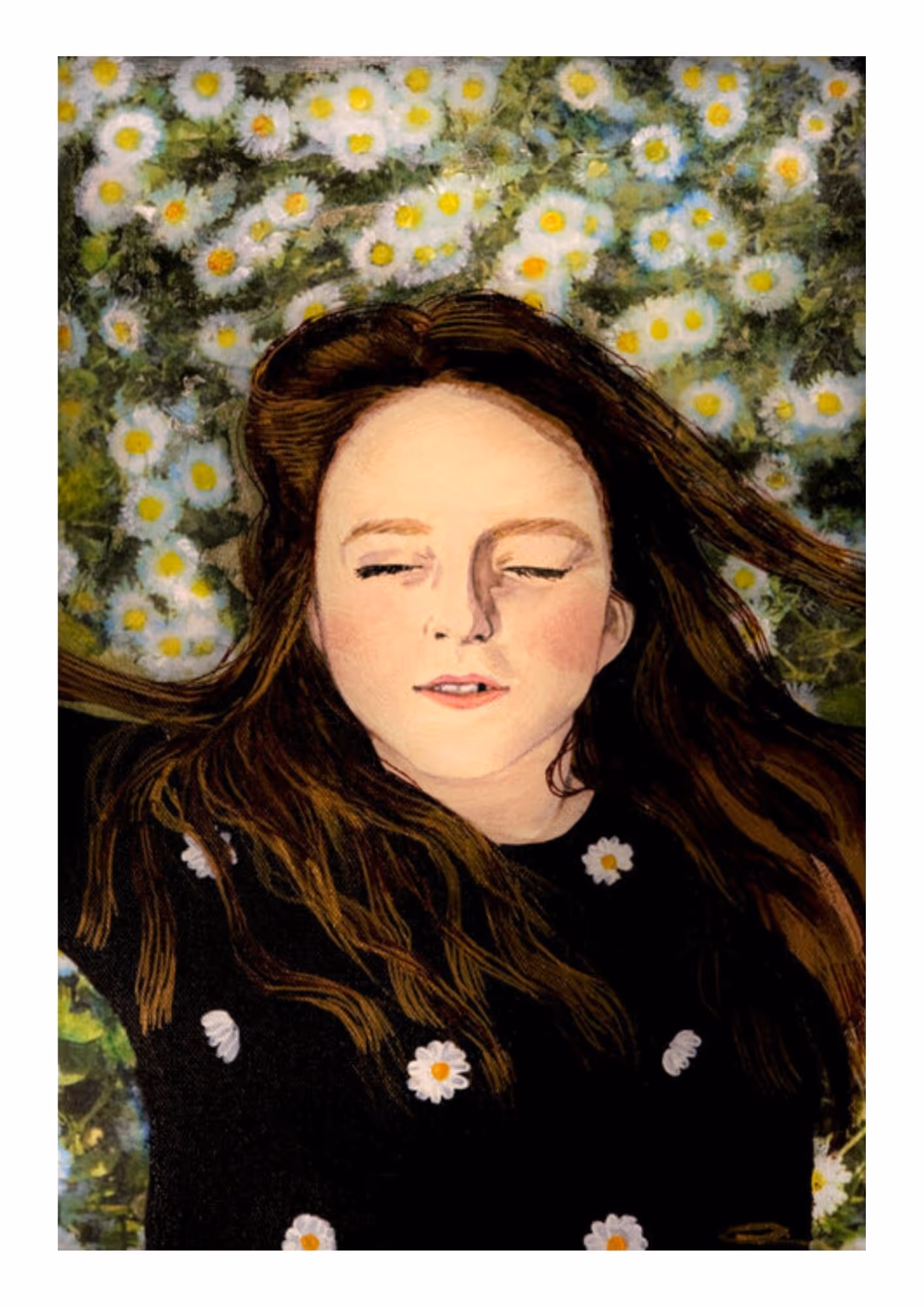 Photo of an illustrated artwork. It shows a white girl with long one-length brown hair laying down on the grass. Her eyes are closed and she’s having an expression of contentment in her face. There are daisies around her and on her.