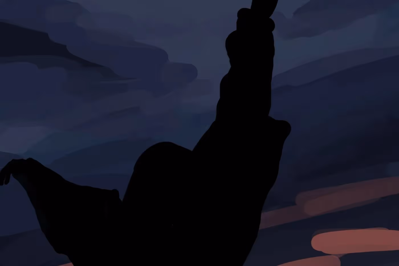 Digital art of a silhouette person looking away at dusk. Their arms are up as if in dancing. The photo is from the chest up. Beautifl colors of blues, indigo, pink and orange.
