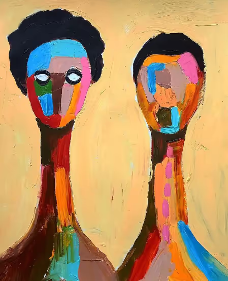 The photo of the artwork by Zizah is of two human energies. They are made up of bright colors, and their faces are expressionless, yet have an expression.