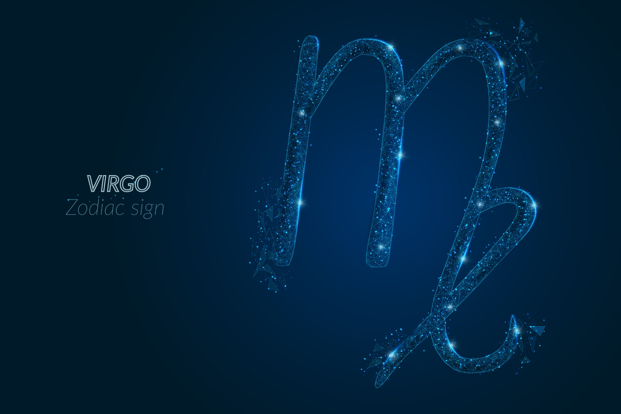A glowing stylized symbol of the Virgo zodiac sign made of bright blue connecting lines and stardust against a dark blue background, with the words VIRGO Zodiac sign written in white on the left.