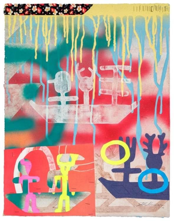 A collage print with drips of blue and green paint across the top, a red and pink field below, and bright yellow and blue figures and circles along the bottom.