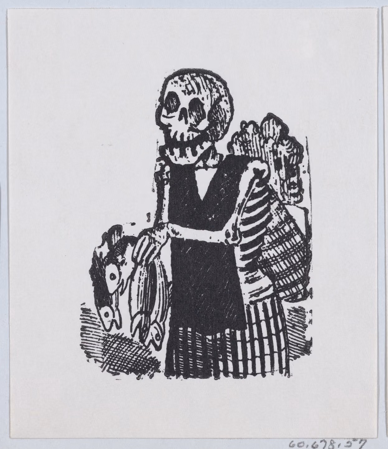 A grinning skeleton in a dark apron holds a bunch of fish in one bony hand, with a woven basket on its back. Black ink print on white paper.