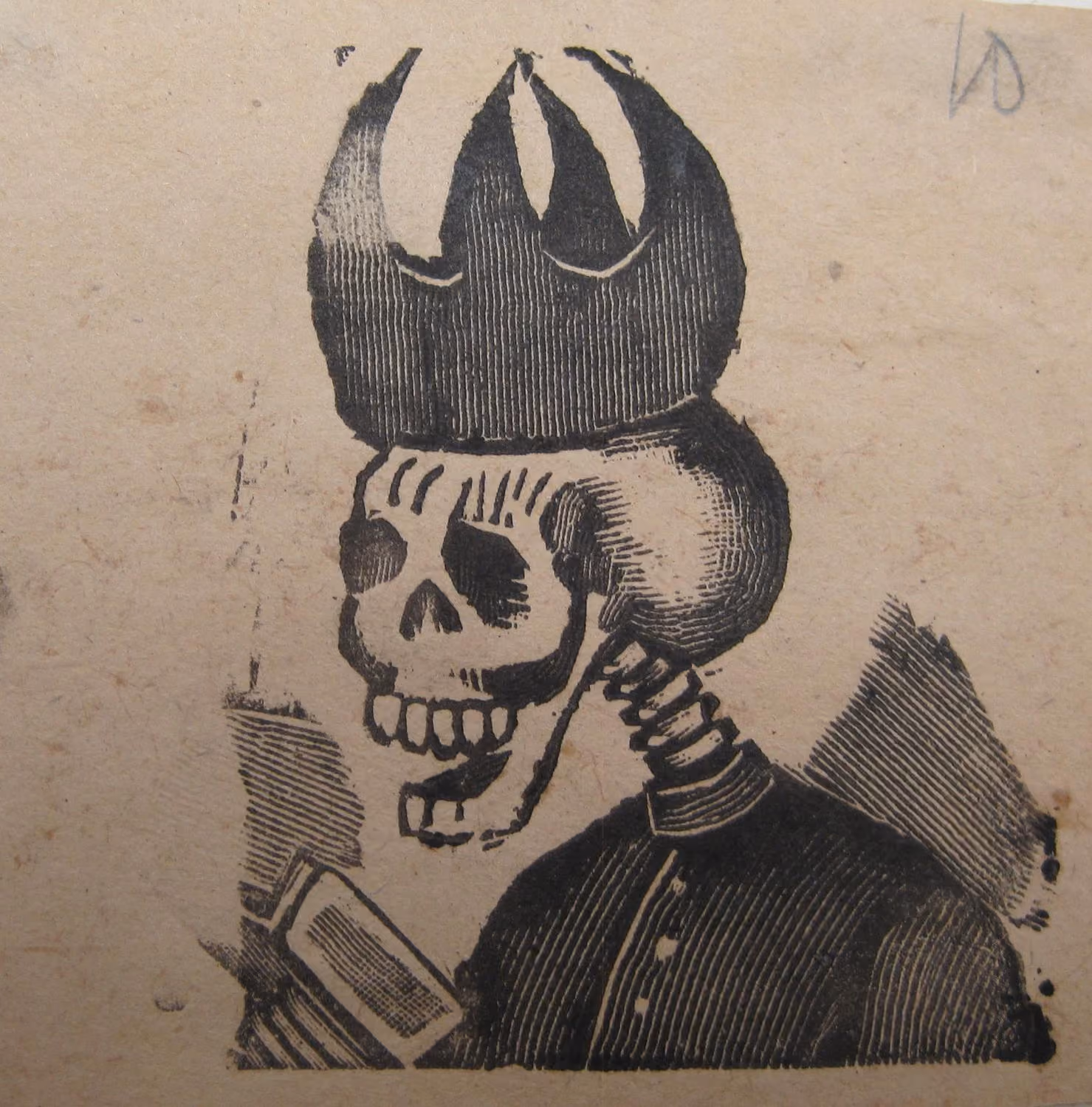 A laughing skeleton dressed as a priest, in a dark buttoned cassock and a tall ridged clerical hat, holding a closed book at its side. Black ink on tan paper.
