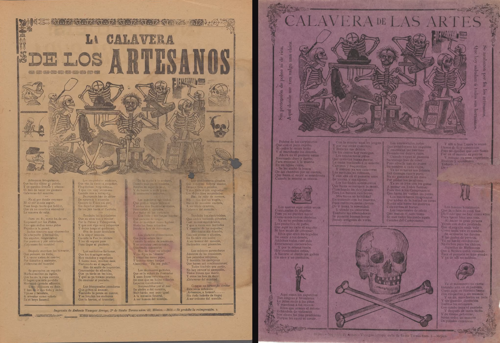 Two of Posada's broadsides side by side. On the left, an orange sheet headed La Calavera de los Artesanos; on the right, a purple sheet headed Calavera de las Artes. Both carry the same picture at the top, a crowd of skeleton craftsmen sawing, shoemaking, and tailoring, above columns of Spanish verse, and the purple sheet adds a large skull and crossed bones at the bottom.