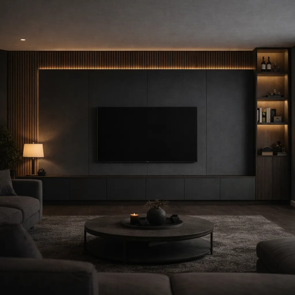 Donkere, elegante woonkamer met wand-tv, ingebouwde kastverlichting, ronde salontafel en zachte zitbanken.