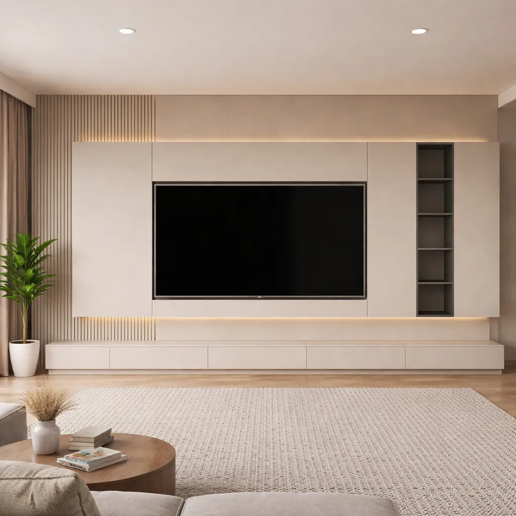 Moderne woonkamer met een grote platte tv aan de wand, ingebouwde kasten en een groene kamerplant in een pot.