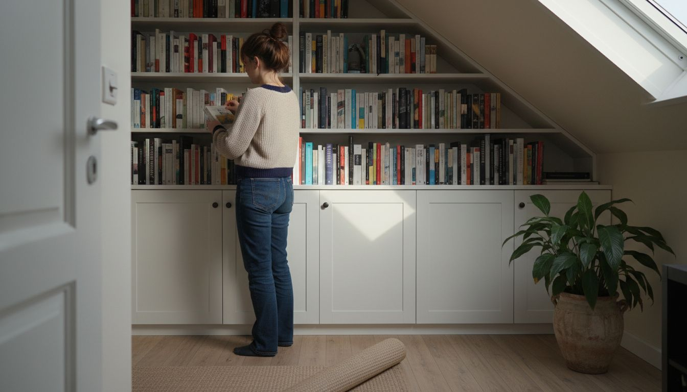 Een vrouw ruimt haar boeken netjes op in een op maat gemaakte kast op zolder.