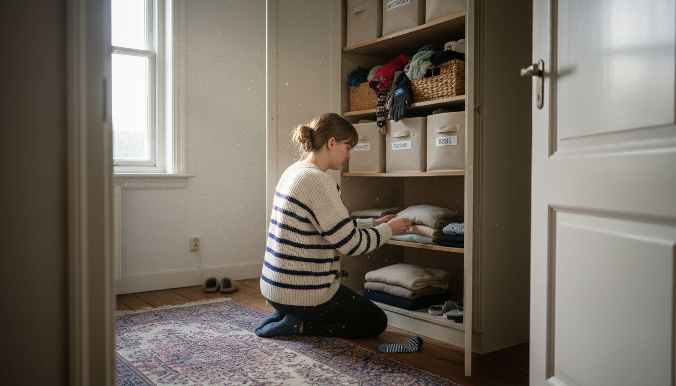 Een vrouw is haar truien netjes aan het sorteren in een hoge kledingkast.