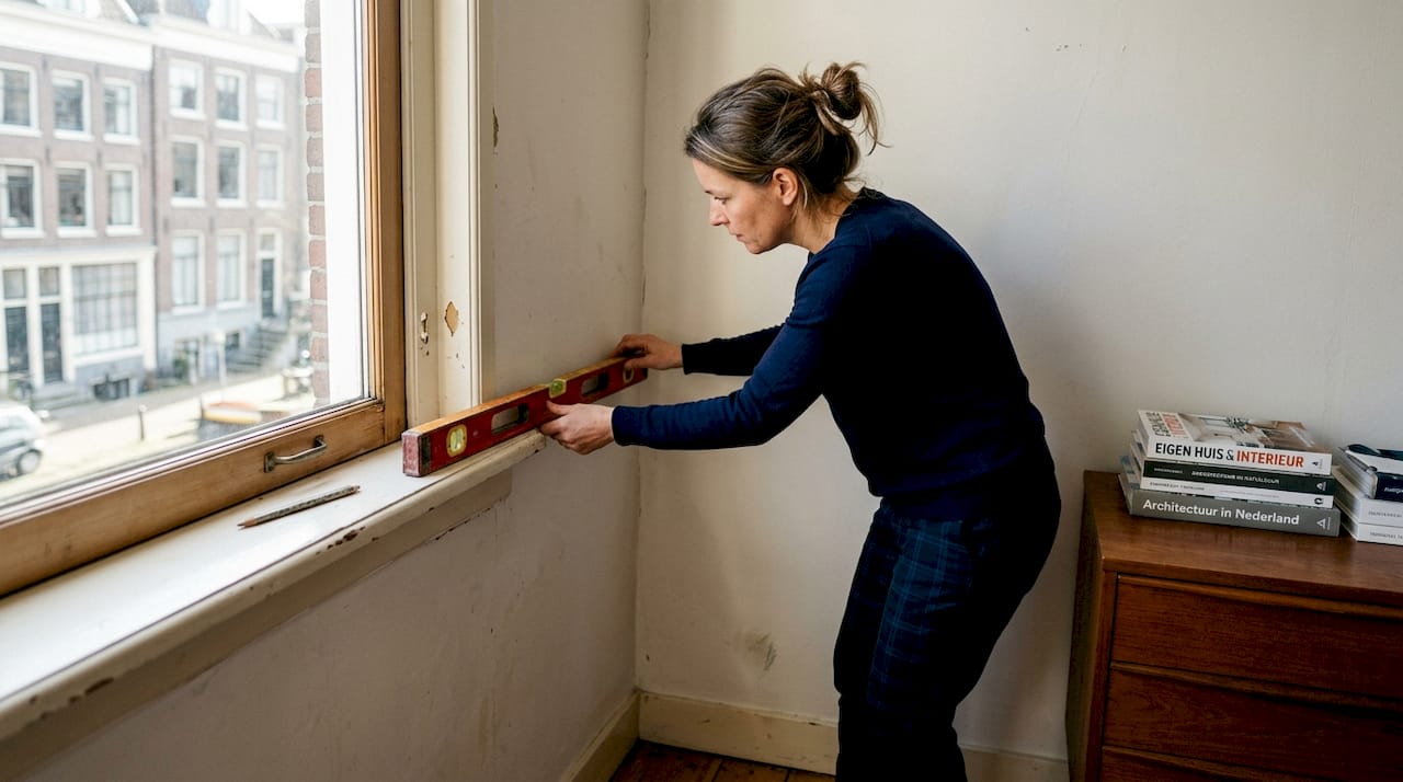 Een woningeigenaar controleert met een waterpas of de muur wel recht is.
