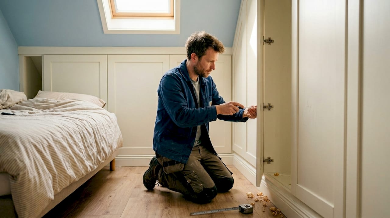 Een ervaren timmerman plaatst een op maat gemaakte inbouwkast.