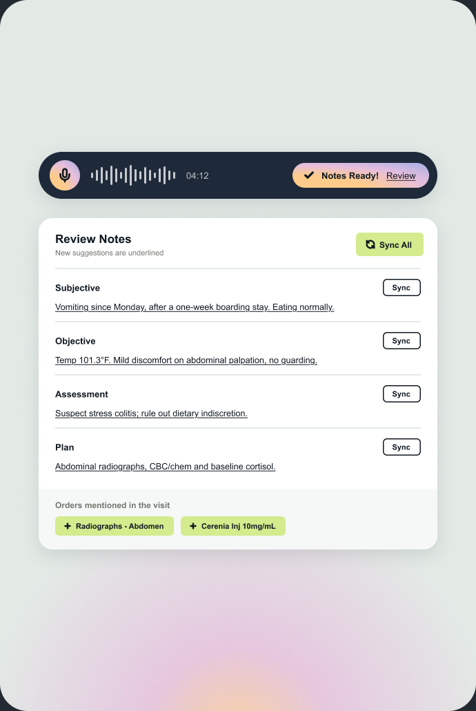 AI Scribe recording a visit and drafting the SOAP note