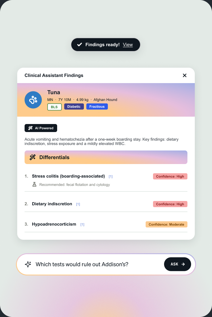 AI Clinical Assistant listing ranked differential diagnoses