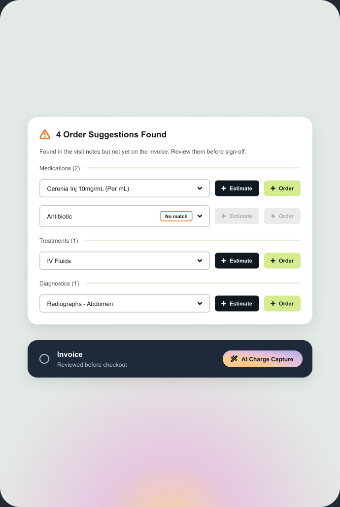 AI Charge Capture flagging a documented service missing from the invoice
