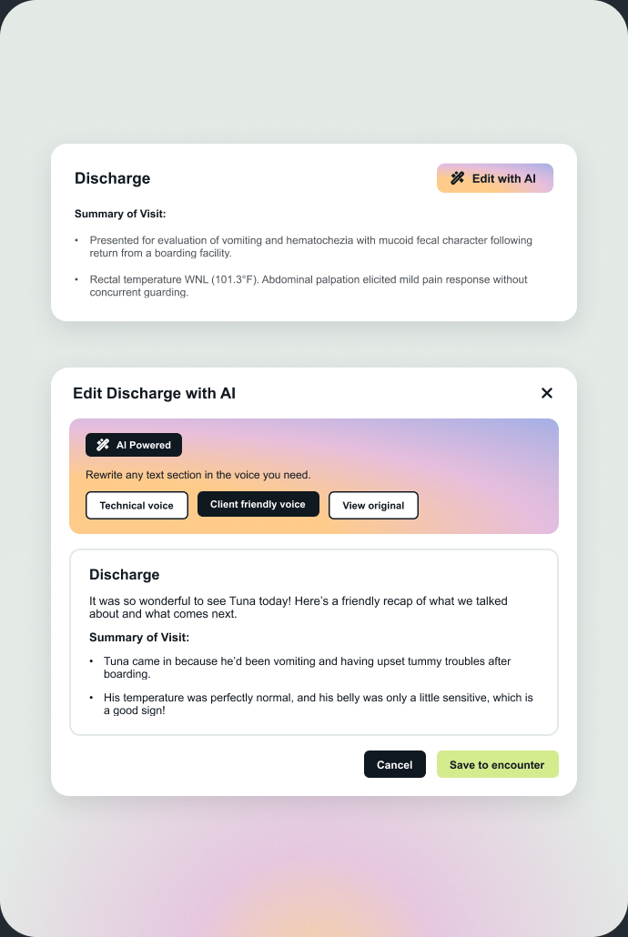 Edit with AI rewriting a clinical note as a discharge summary