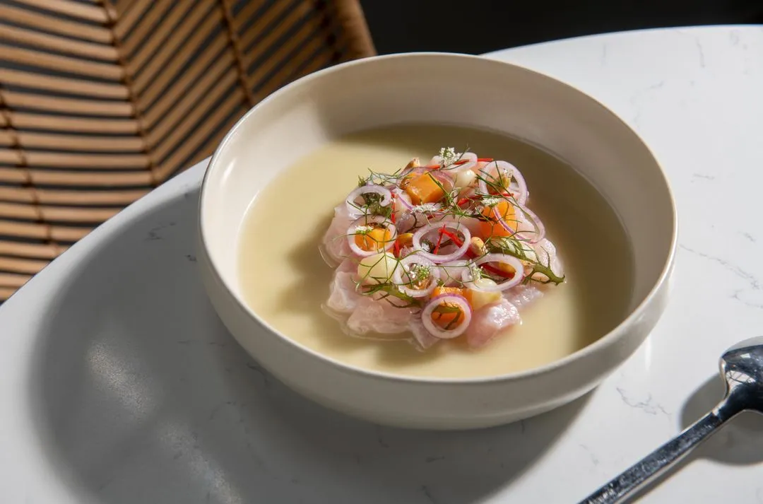 Ceviche in a large ivory bowl