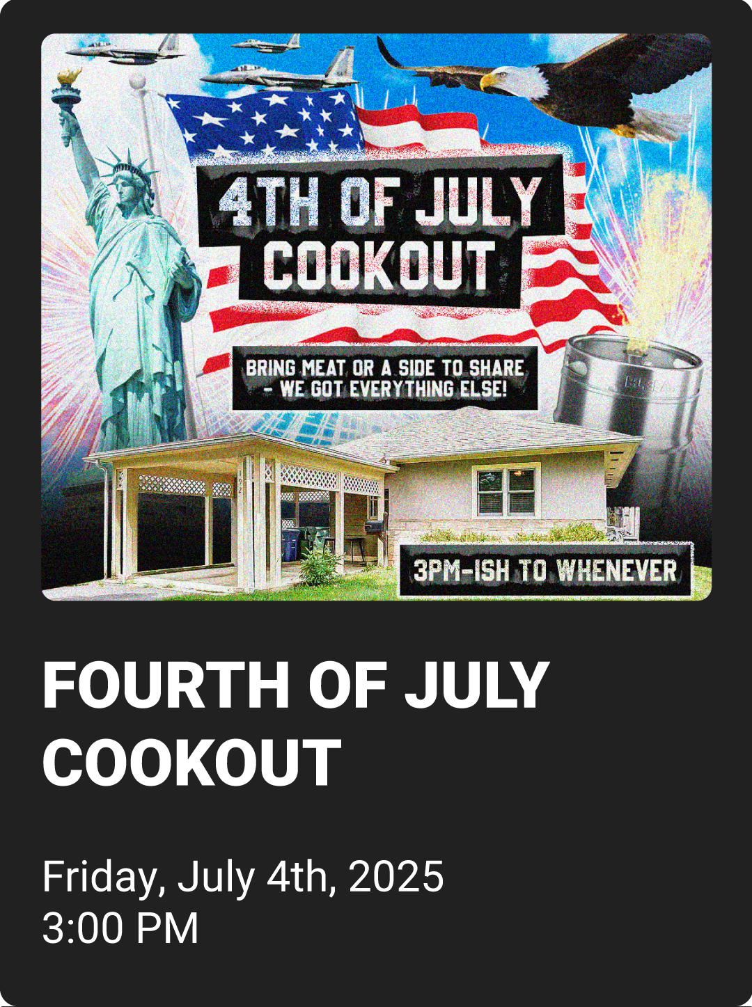 An event block that has a photo of a flyer to promote the 4th of July cookout event + the details for the event